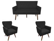 Kit Namoradeira + 2 Poltronas Decorativa Aurora Suede Preto Pés Madeira Ms Decor Kit Namoradeira + 2 Poltronas Decorativa Aurora Suede Preto Pés Madeira Ms Decor