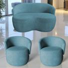 Kit Namoradeira + 2 Poltronas Decorativa Beatriz Orgânica Bouclé Azul Turquesa
