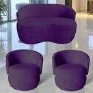 Kit Namoradeira + 2 Poltronas Decorativa Beatriz Orgânica Veludo Roxo