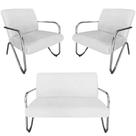 Kit Namoradeira + 2 Poltronas Decorativa Bela Couro Branco Braço Cromado
