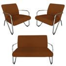 Kit Namoradeira + 2 Poltronas Decorativa Bela Couro Marrom Braço Cromado