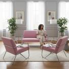 Kit Namoradeira + 2 Poltronas Decorativa Bela Suede Rosa Bebê Braço Cromado