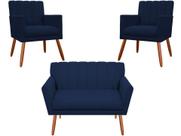 Kit Namoradeira + 2 Poltronas Decorativa Cecília Suede Azul Marinho Pés Madeira Ms Decor Kit Namoradeira + 2 Poltronas Decorativa Cecília Suede Azul Marinho Pés Madeira Ms Decor