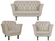 Kit Namoradeira + 2 Poltronas Decorativa Dália Suede Bege Pés Madeira Ms Decor