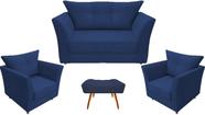 Kit Namoradeira + 2 Poltronas Decorativa Isis + 1 Puff Retangular Suede Azul Marinho Pés Madeira Mz Decor