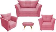 Kit Namoradeira + 2 Poltronas Decorativa Isis + 1 Puff Retangular Suede Rosa Pés Madeira Ms Decor