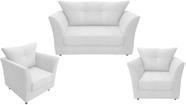 Kit Namoradeira + 2 Poltronas Decorativa Isis Couro Branco Pés Madeira Ms Decor