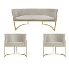 Kit Namoradeira + 2 Poltronas Decorativa Luana Suede Bege Base Dourarada Mz Decor