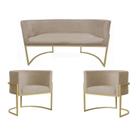 Kit Namoradeira + 2 Poltronas Decorativa Luana Suede Capuccino Base Dourarada Ms Decor