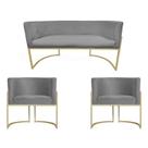 Kit Namoradeira + 2 Poltronas Decorativa Luana Suede Cinza Base Dourarada Mz Decor
