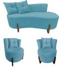 Kit Namoradeira + 2 Poltronas Decorativa Luna Suede Azul Turquesa