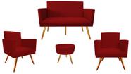 Kit Namoradeira + 2 Poltronas Decorativa Nina + Puff Redondo Suede Vermelho Pés Madeira Ms Decor