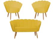 Kit Namoradeira + 2 Poltronas Decorativa Pétala Couro Amarelo Pés Madeira Ms Decor