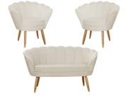 Kit Namoradeira + 2 Poltronas Decorativa Pétala Couro Bege Pés Madeira Ms Decor