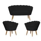 Kit Namoradeira + 2 Poltronas Decorativa Pétala Couro Preto Pés Madeira Mz Decor