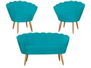 Kit Namoradeira + 2 Poltronas Decorativa Pétala Suede Azul Turquesa Pés Madeira Ms Decor