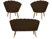 Kit Namoradeira + 2 Poltronas Decorativa Pétala Suede Marrom Pés Madeira Ms Decor