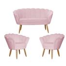 Kit Namoradeira + 2 Poltronas Decorativa Pétala Suede Rosa Bebê Pés Madeira Mz Decor