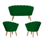 Kit Namoradeira + 2 Poltronas Decorativa Pétala Suede Verde Pés Madeira Mz Decor
