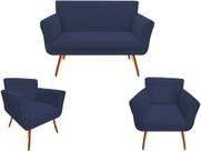 Kit Namoradeira + 2 Poltronas Decorativa Sabrina Suede Azul Marinho Pés Madeira Ms Decor