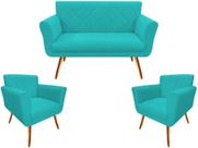 Kit Namoradeira + 2 Poltronas Decorativa Sabrina Suede Azul Turquesa Pés Madeira Mz Decor