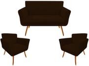 Kit Namoradeira + 2 Poltronas Decorativa Sabrina Suede Marrom Pés Madeira Mz Decor