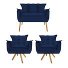 Kit Namoradeira e 02 Poltronas Opala Base Giratória de Madeira Suede Azul Marinho - DAMAFFÊ MÓVEIS
