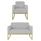 Kit Namoradeira e 1 Poltrona Decorativa Base Industrial Dourada Maressa S10 Suede Cinza - Ibiza