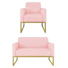 Kit Namoradeira e 1 Poltrona Decorativa Base Industrial Dourada Maressa S19 Suede Rosa Bebê - Ibiza