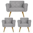 Kit Namoradeira e 2 Poltrona Decorativa Sala Comercial Isabella Suede Cinza - LM DECOR