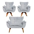 Kit Namoradeira e 2 Poltronas Base Giratória Madeira Opla Suede Cinza - Ibiza