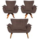Kit Namoradeira e 2 Poltronas Base Giratória Madeira Opla Suede Marrom - Ibiza