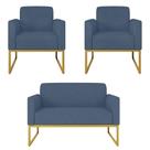 Kit Namoradeira e 2 Poltronas Decorativas Base Industrial Dourada Maressa S04 Suede Azul Marinho - Ibiza