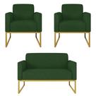 Kit Namoradeira e 2 Poltronas Decorativas Base Industrial Dourada Maressa S23 Suede Verde - Ibiza