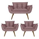 Kit Namoradeira e 2 Poltronas Estofadas Hall de Entrada Opala Suede Rosê - LM DECOR