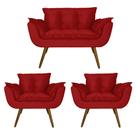 Kit Namoradeira e 2 Poltronas Estofadas Hall de Entrada Opala Suede Vermelho - LM DECOR