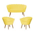 Kit Namoradeira e 2 Poltronas Pétala Decorativa Veludo Amarelo - Montanaris Decor