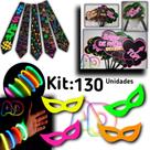 Kit Neon 130un Gravatas, Máscara, Plaquinha, Pulseira Festa , Aniversário, Casamento, Balada, Formatura, adereços
