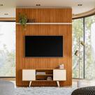 Kit New Panorama Painel Piso-Teto Ripado e Bancada com 2 Portas Deslizantes em MDF Cinamomo e Off White - Pallazio