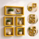 Kit nichos decorativos 5 pecas madeira amarelo parede organizador livros plantas objetos sala quarto moderno casa escrit
