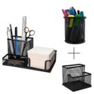 Kit Organizador de Escritório Escola Estudos 3 Peças de Mesa Porta Caneta Lápis Preto Bloco de Anotações