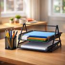 Kit Organizador Escritorio 2 Bandejas Documentos Papel A4 Suporte Canetas Lapis Metal Aramado Preto Mesa Home Office Estudos Trabalho Resistente