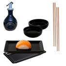 Kit Oriental 2 Pessoas Porcelana Preto 110ml Jarra Amassadinha