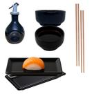 Kit Oriental 2 Pessoas Porcelana Preto 60ml Jarra Amassadinha