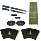 Kit Oriental Conjunto 2 Pessoas Comida Japonesa Leque Hashi Esteira Sushi Preto