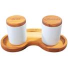 Kit p/ temperos - condimentos 3 Pçs Sal e Açucar- Porcelana c/ Madeira Teca