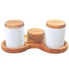 Kit p/ temperos - condimentos 4 Pçs - Porcelana c/ Madeira Teca
