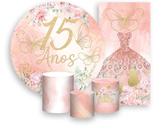 Kit Painel De Festa Trio Capa Cilindro Faixa Veste Fácil, 15 Anos Borboletas e Flores 088