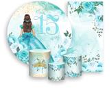 Kit Painel De Festa + Trio Capa Cilindro + Faixa Veste Fácil - 15 Anos Princesa Azul Esverdeado 005 Kit Painel De Festa + Trio Capa Cilindro + Faixa Veste Fácil - 15 Anos Princesa Azul Esverdeado 005