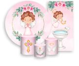 Kit Painel De Festa + Trio Capa Cilindro + Faixa Veste Fácil - Batizado Anjinhas Rosa 010